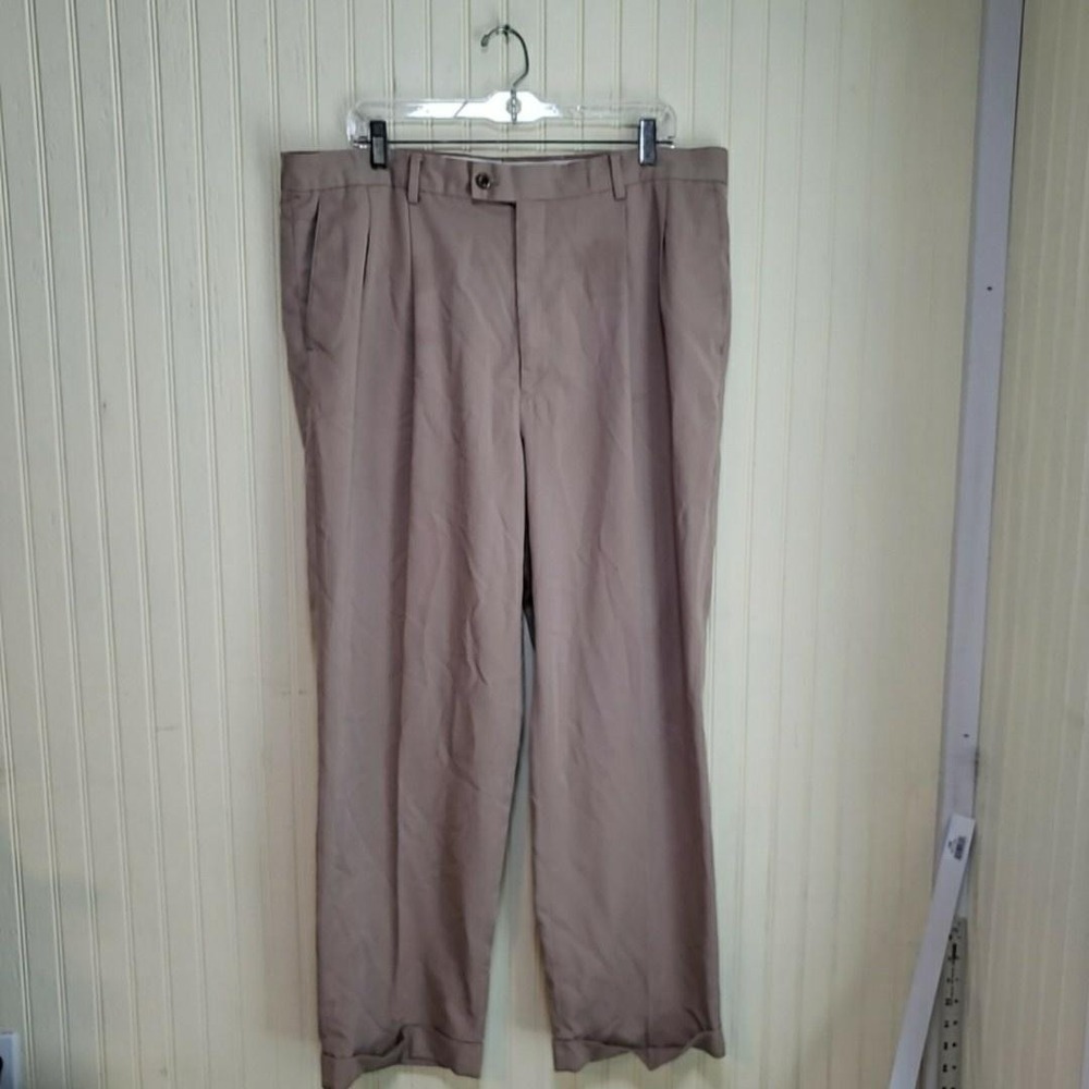Louis Raphael Dress Pants Mens 38x29 Beige Pleated Cuffed Microfiber Tailored